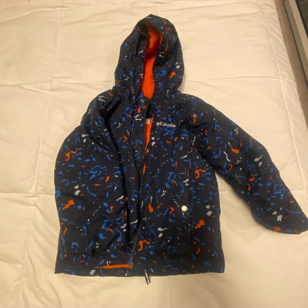 Columbia Kids Navy Blue Hooded Puffer Jacket with Orange Lining